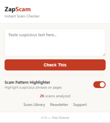 ZapScam popup UI in Chrome toolbar