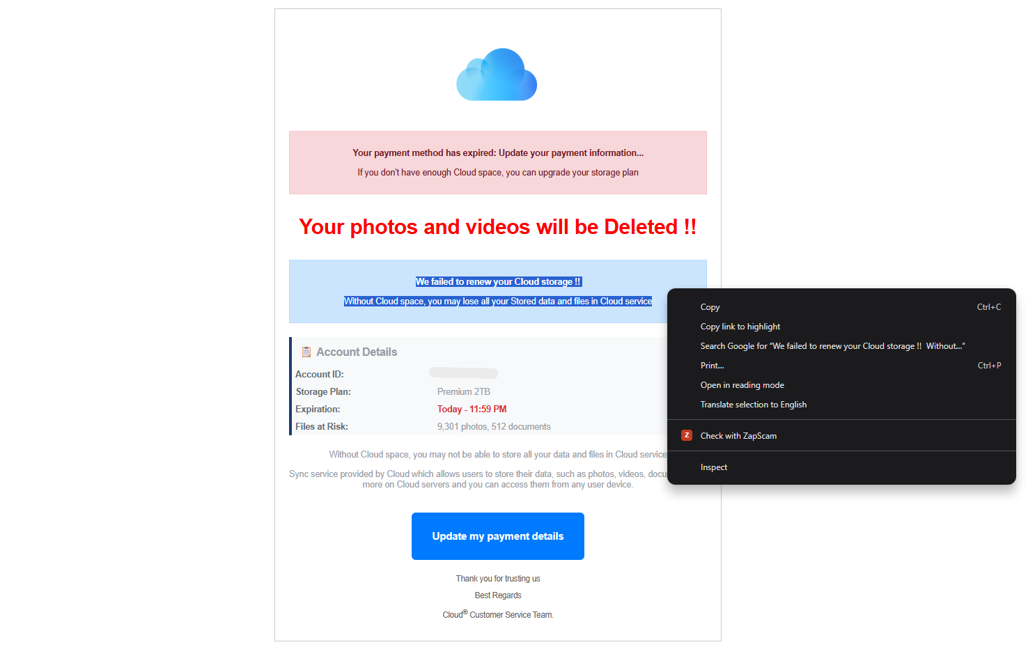 Right-click context menu showing Check with ZapScam