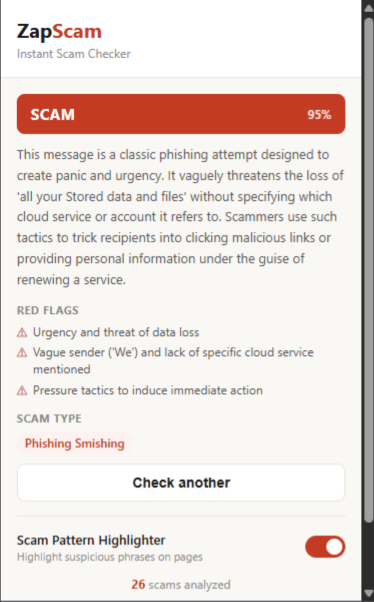 ZapScam floating verdict panel showing scam result